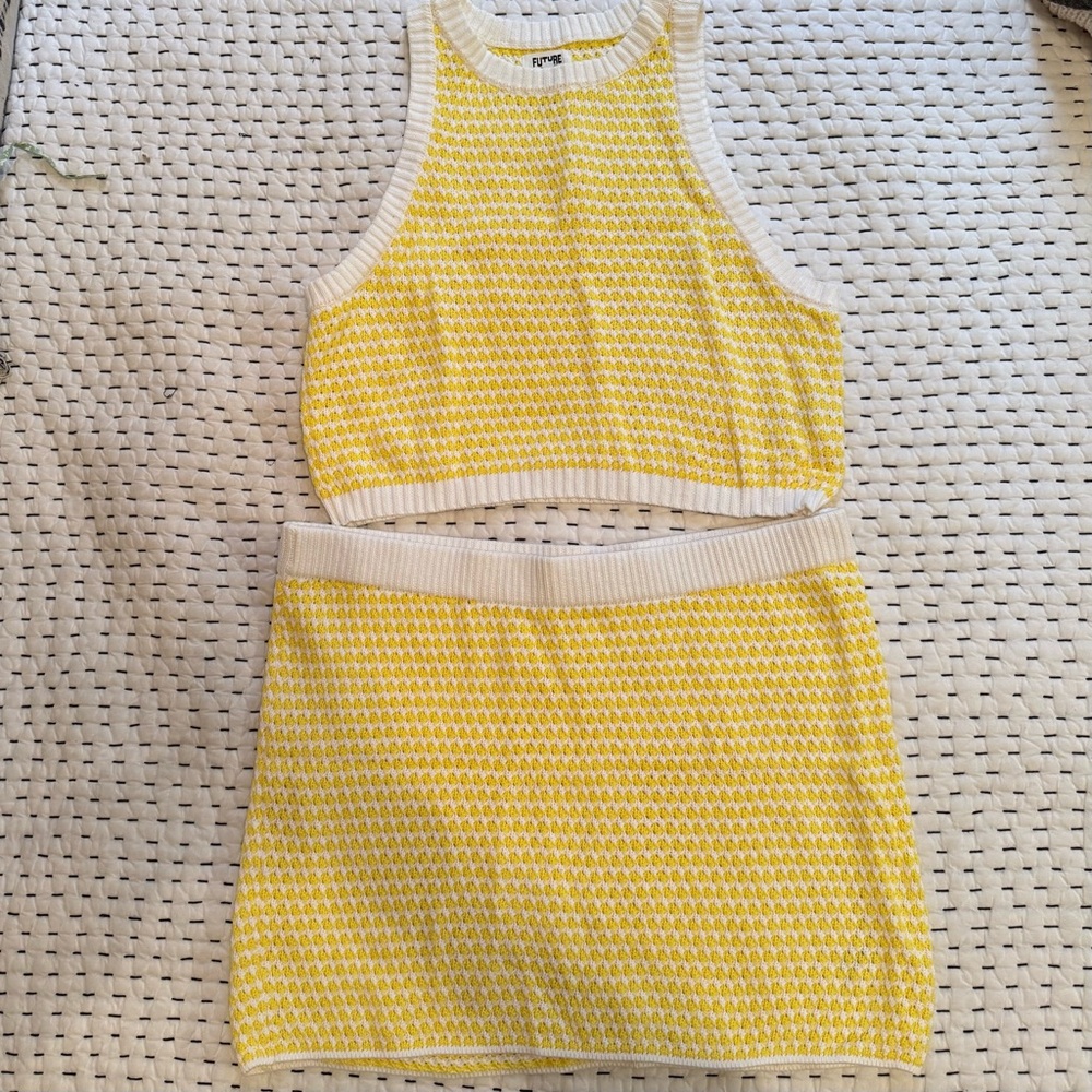 Future Collective Yellow and White Knit Crop Top and Skirt Set | XL